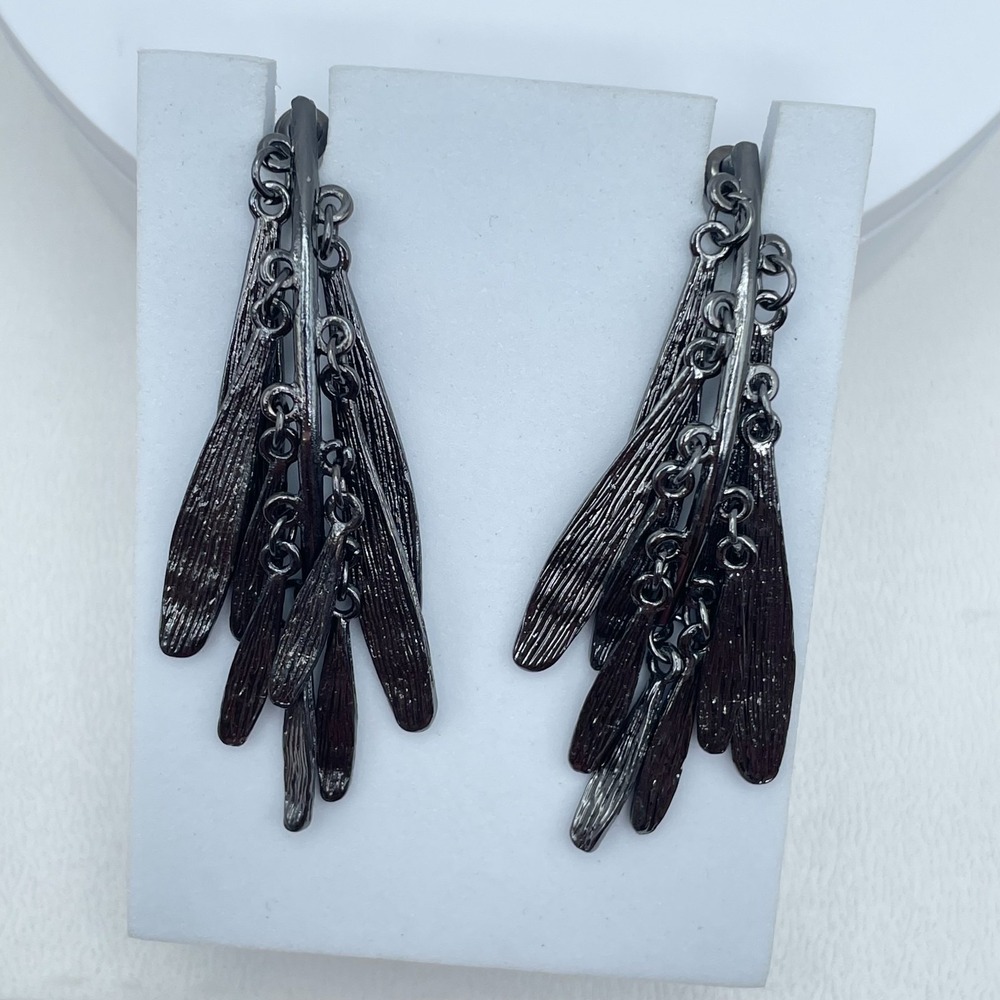 Vintage 90s Gunmetal Fringe Dangle Earrings Textured Leaf Tassel Women's Jewelry - Picture 5 of 8